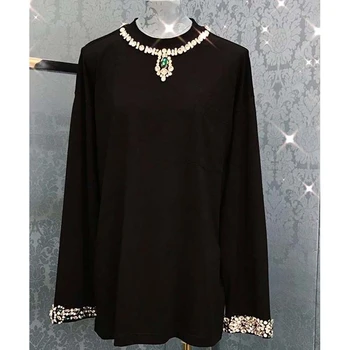 

Cosmicchic 2020 Autumn Women Long-Sleeve T Shirt O-Neck Rhinestone Party Pullover Vintage Black Tops Gothic Punk Over Size Top