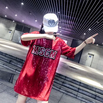 

Chic Woman Cartoon Mickey sequins loose Oversized Long T-shirt Hiphop Numbers Short sleeved splicing Sequined Tops Streetwear