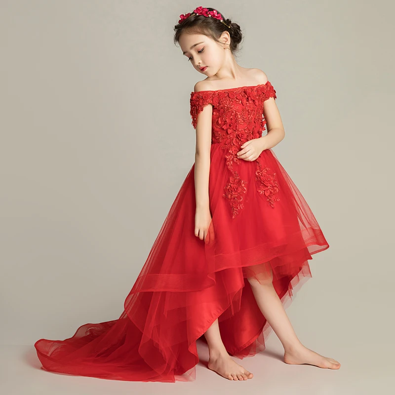 Off Shoulder Red Lace Girl Wedding Party Flower Girl Dress Flower Kids