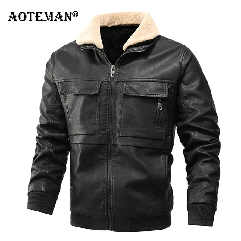 

Men Winter Coats PU Leather Jackets Bomber Coat Male Fashion Men's Clothing Biker Motorcycle Jacket Thick Vintage Outwear LM048