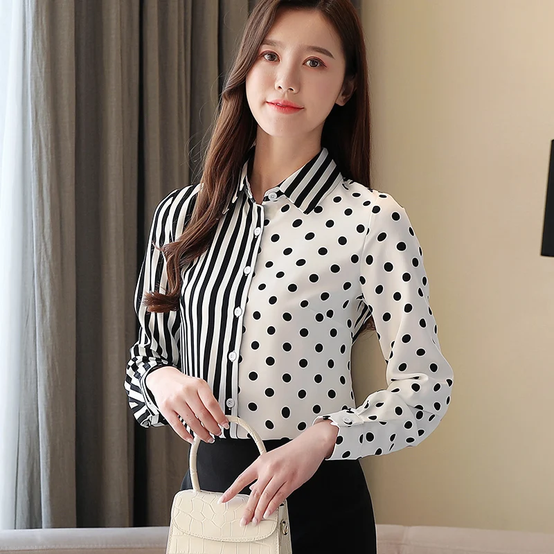 

Women Shirts 2020 Chiffon Blouse Polka Dot Shirt Striped Lapel Women Shirts Long Sleeve Shirt Plus Size