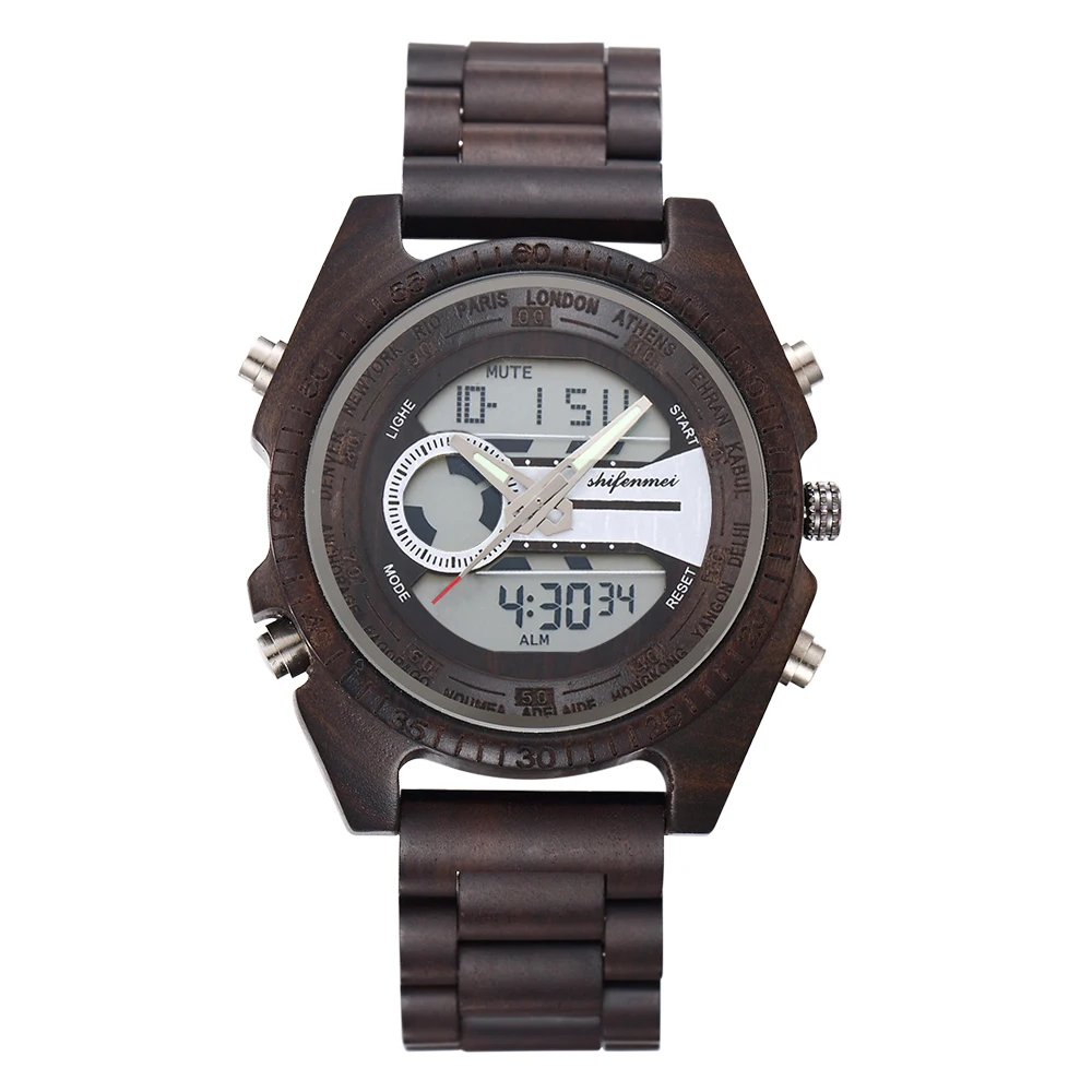 

Shifenmei 2139 Antique Mens Zebra and Ebony Wood Watches with Double Display Business Watch in Wooden digital quartz watch