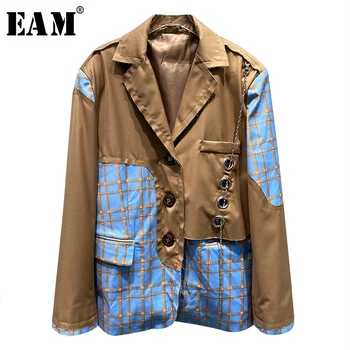 

[EAM] Women Khaki Plaid Burr Big Size Blazer New Lapel Long Sleeve Loose Fit Jacket Fashion Tide Spring Autumn 2020 1X802