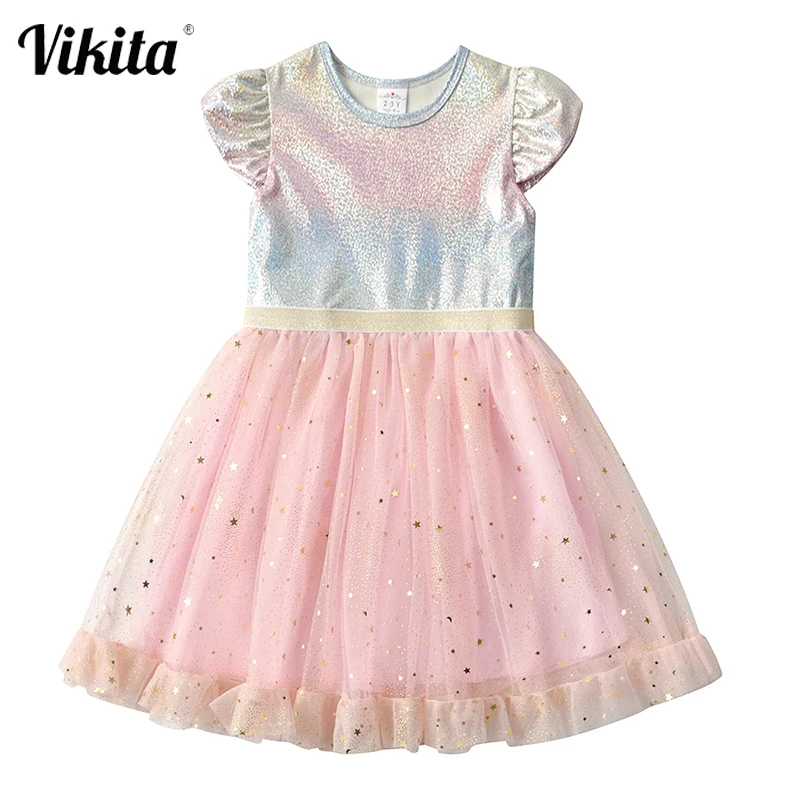 VIKITA Kids Princess Dress for Girls Elegant Pageant Wedding Party Birthday Dress Shiny Sequins for Girl Summer Dresses