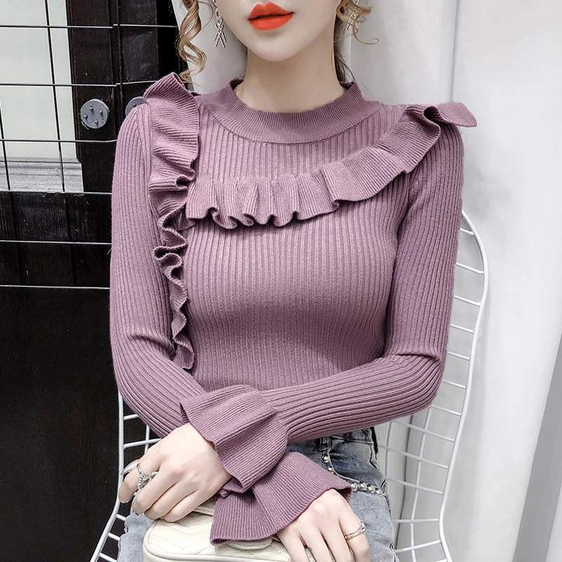 

2020 New Fashion Korean Women Ruffle Sweater Chic Ruffle Long Flare Sleeve Blouse Knitting Female Based Slimming Shirt Lady Top