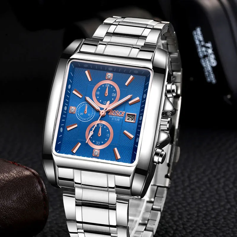 Часы наручные мужские из нержавеющей стали прямоугольные модные повседневные