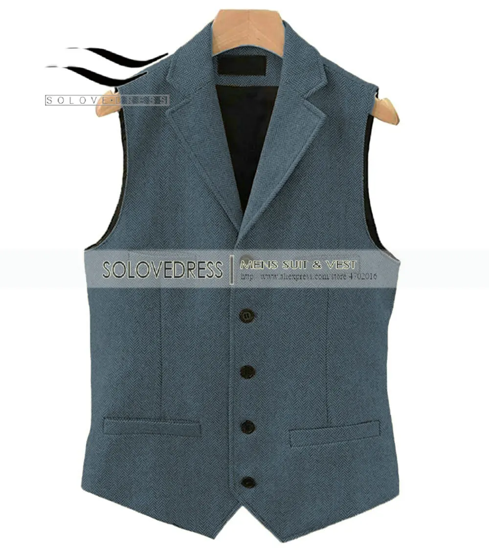 Light Navy Мужской костюм, жилет в елочку, v-образный вырез, коричневый, Ретро стиль, четыре кармана, свадебные Женихи, мужской твидовый жилет, жилет для мужчин - Цвет: Light Navy