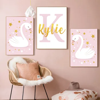 

Pink Swan Canvas Painting Nusery Wall Poster Personalized Name Art Print Nordic Posters Girl Wall Pictures Baby Room Decoration
