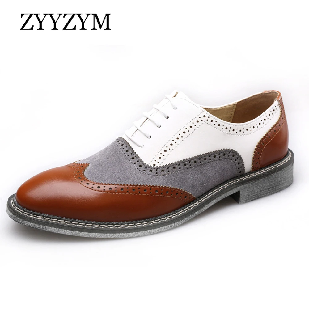 

ZYYZYM Men Brogue Shoes Leather 2020 Spring Autumn New Fashion Men's Round British Formal Shoes Flat Leather Men Dress Shoes