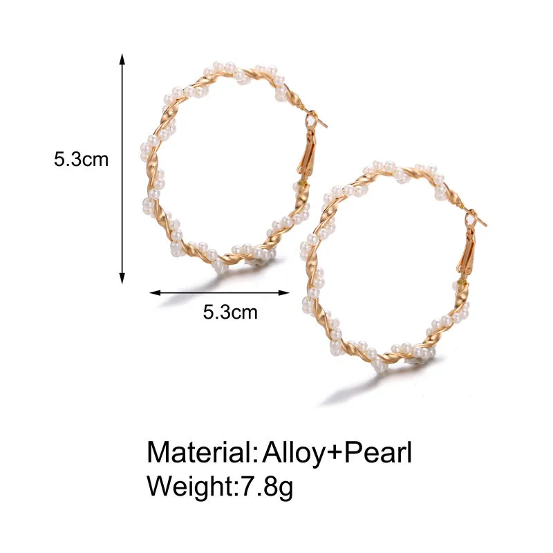 Большие элегантные серьги-кольца с белым жемчугом для женщин, Модный золотой скрученный круг, серьги-кольца, свадебные массивные ювелирные изделия