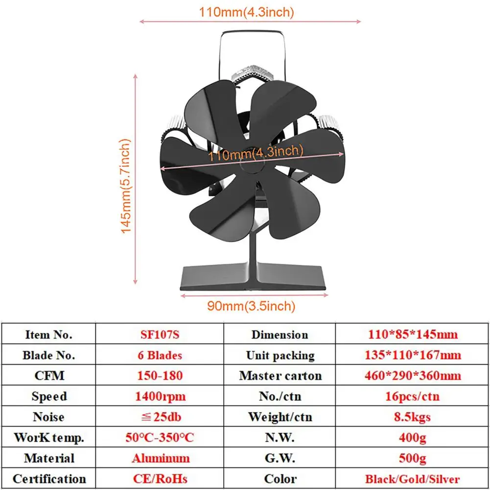 6 Blade Stove Fan Silent Efficient Heat Distribution Fireplace Fan Log Wood Burner Ecofan Heat Powered Fireplace Winter Warm — view 6