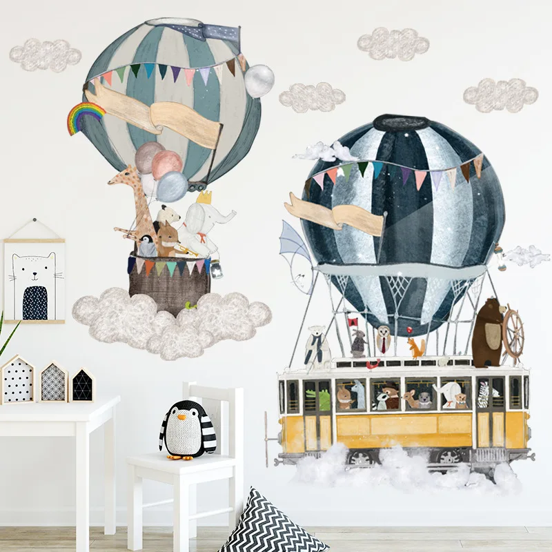 Art Vinyl Murals Decoration Wall-Stickers Nursery-Room Animals Hot-Air-Balloon Baby Cartoon