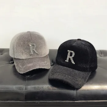 

solid color mink hair baseball hat rhinestone capital letters baseball hat autumn winter unisex baseball hat