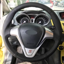 Free Shipping High Quality cowhide Top Layer Leather handmade Sewing Steering wheel covers protect For Ford Fiesta