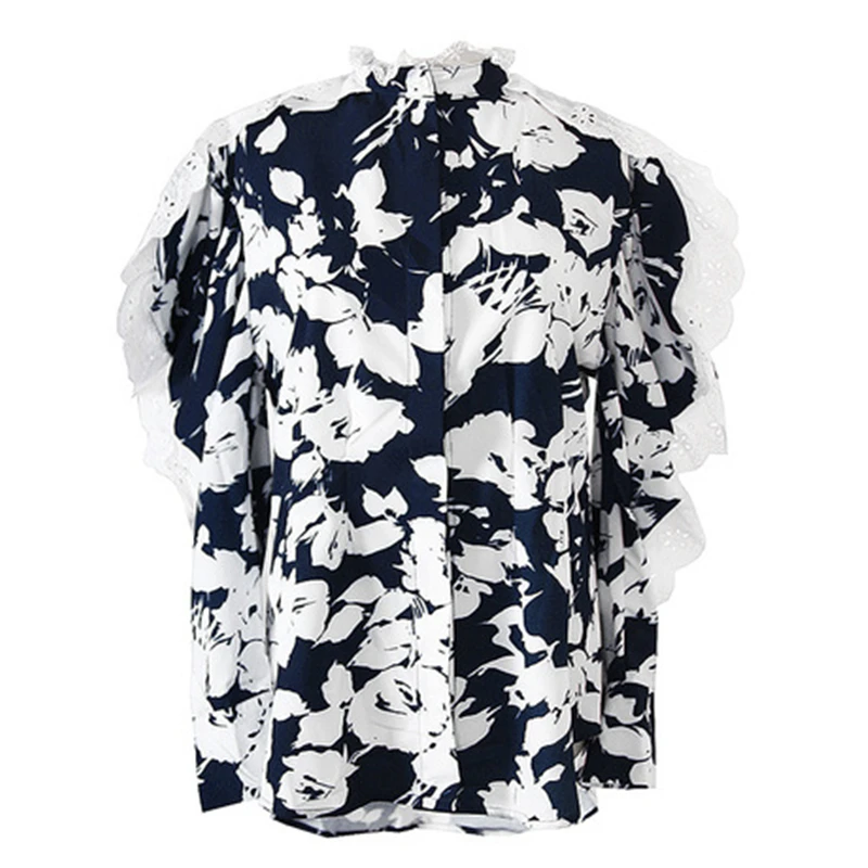 

Women Printed Ruffles Lace Elegant Blouse New Stand Collar Long Sleeve Loose Fit Shirt Fashion Spring Summer 2020
