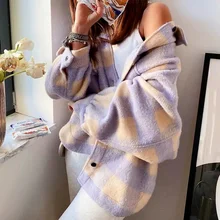 

New Winter Leisure Loose Fashion Long-sleeved Woolen Purple Plaid Jacket Ladies Large Profile Jacket Chic Top Coat Women 2021