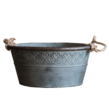 

Basin American Countryside Vintage Style Round Galvanized Herb Planter with Hemp Rope Handle