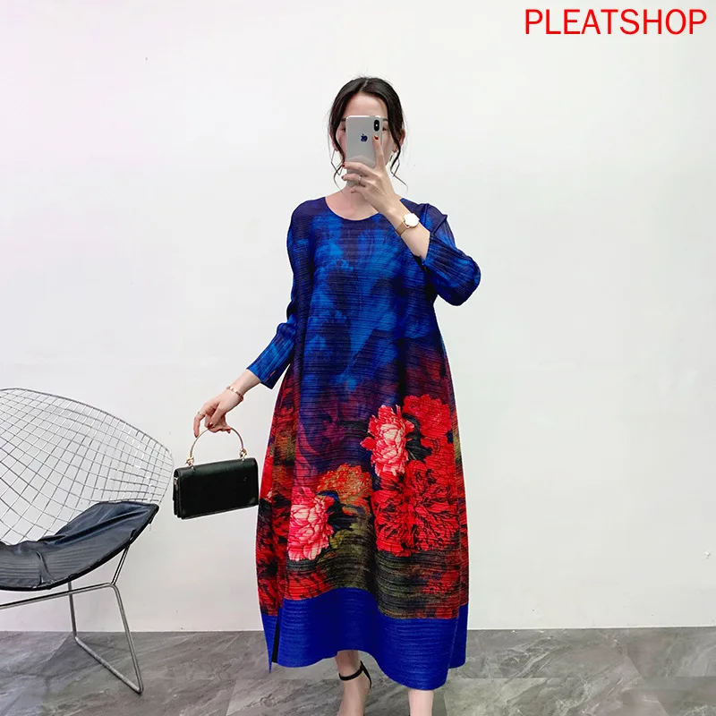 

Miyake Pleated Dress 2020 Spring Wide New Style Loose Large Size Retro WOMEN 'S Dress -Style Printed A- line vestido elegant