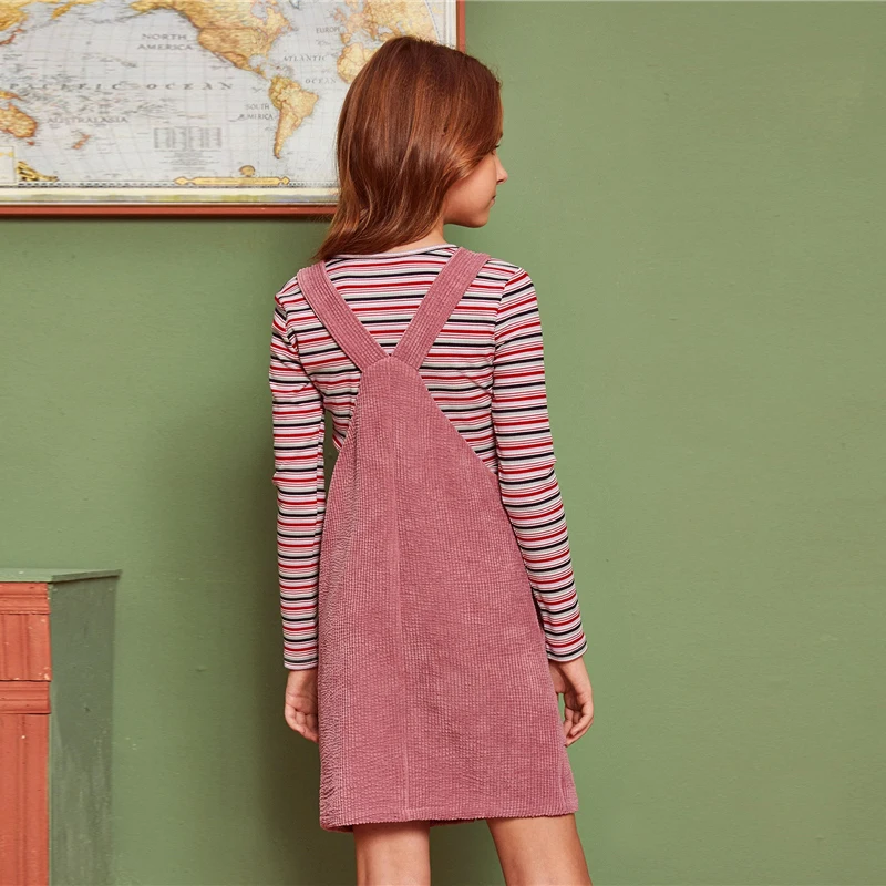SHEIN Kiddie/розовое однотонное однобортное платье-сарафан для девочек; коллекция года; сезон осень; короткие платья без рукавов с карманами спереди