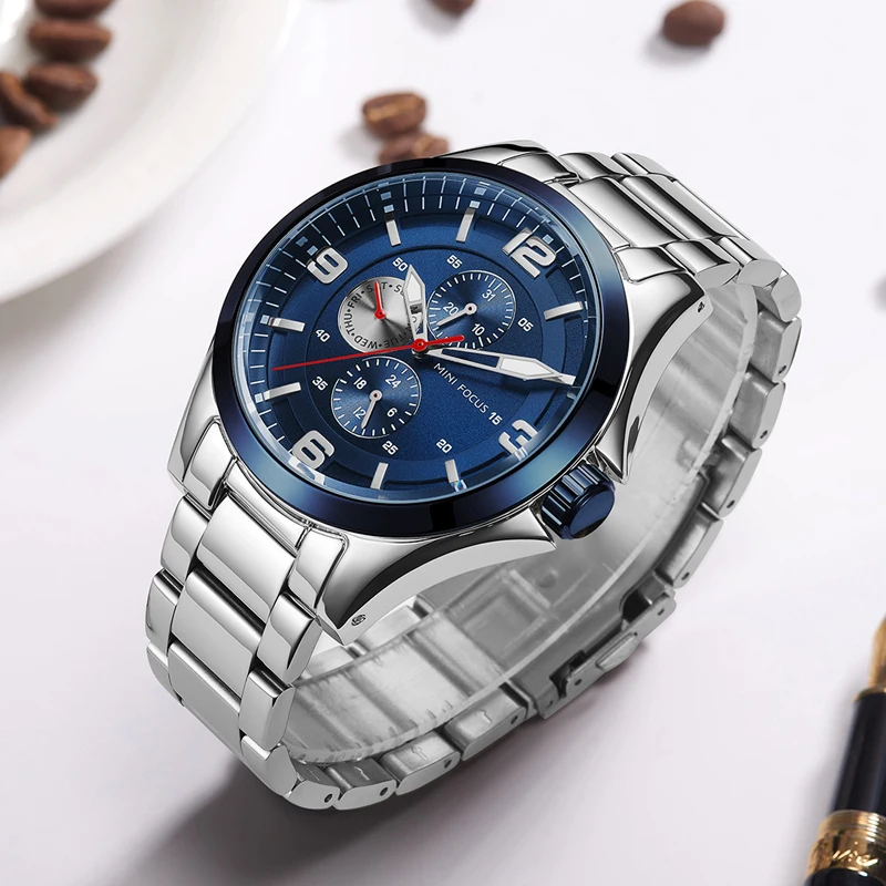 MINIFOCUS, мужские часы, Лидирующий бренд, деловые мужские часы, многофункциональные кварцевые часы, мужские водонепроницаемые часы из нержавеющей стали