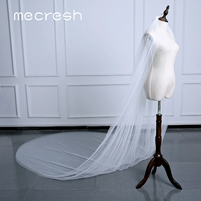 Mecresh 5M White Beige Long Bridal Veils for Women One Layer / Double Layer Cathedral Wedding Veils Accessories with Comb VTS014