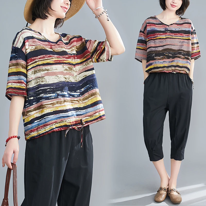 Summer Clothing for Plump Girls Artistic Loose V-neck Striped Cotton and Linen Short-Sleeved T-shirt Slim Fit Slimming Casual | Женская