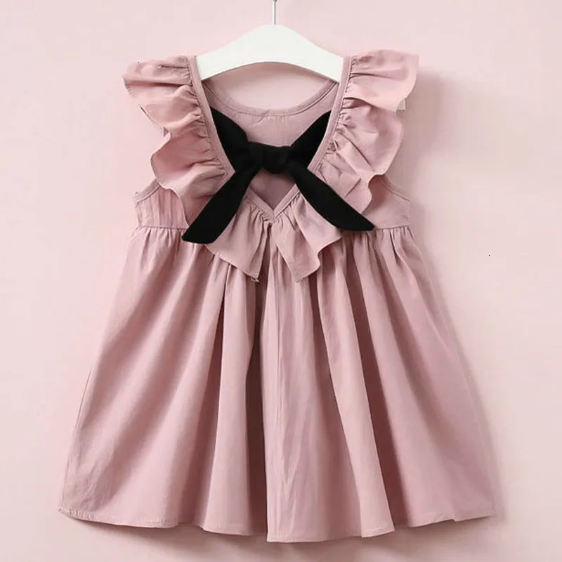 Платье для девочек коллекция года, летняя детская одежда новое однотонное плиссированное платье без рукавов с бантом и открытой спиной для маленьких девочек