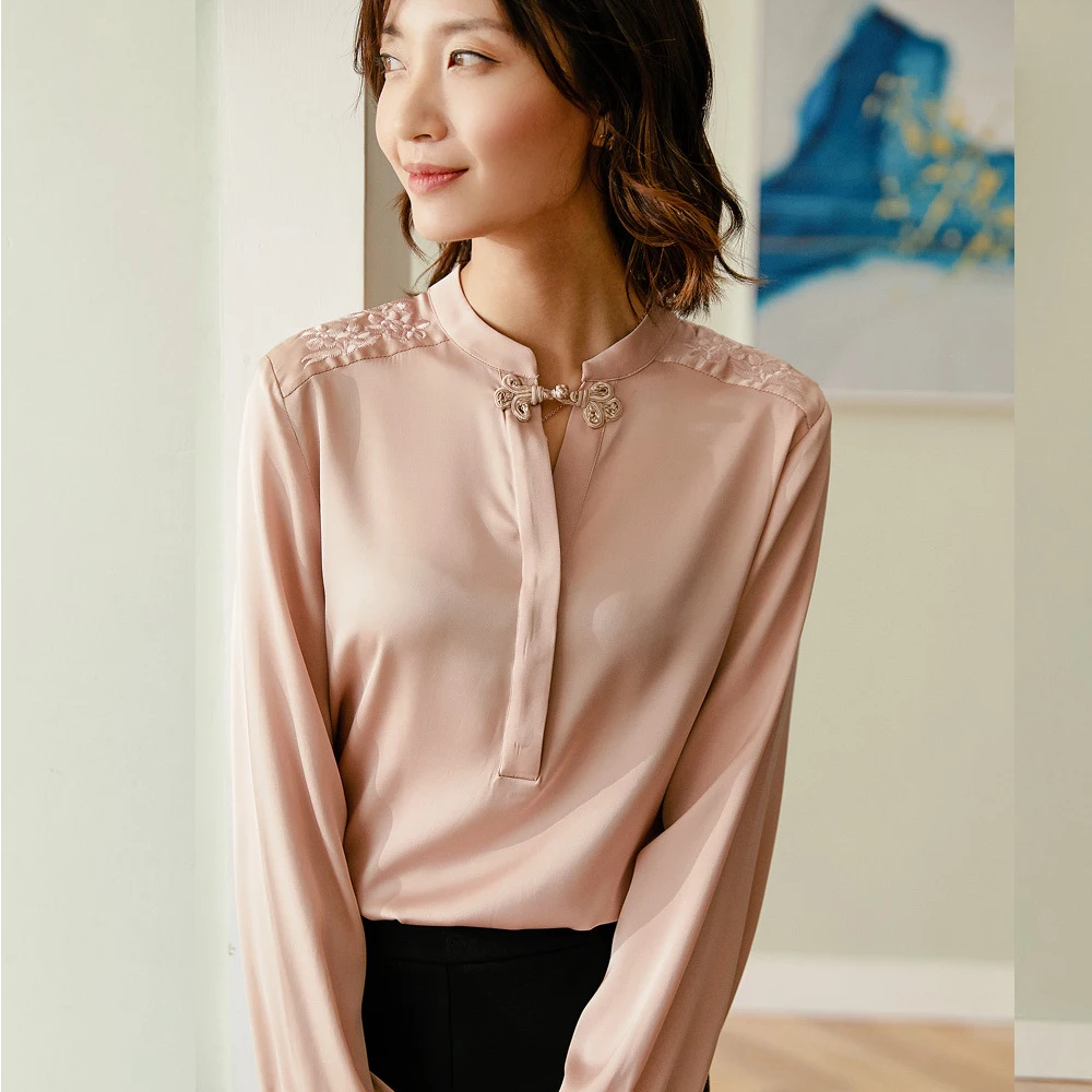 

22mm Heavy Silk Blouses Vintage Chinese Style Long Sleeve Shirt Luxury Embroidery White Ladies Top Pink Women Clothes za Tops