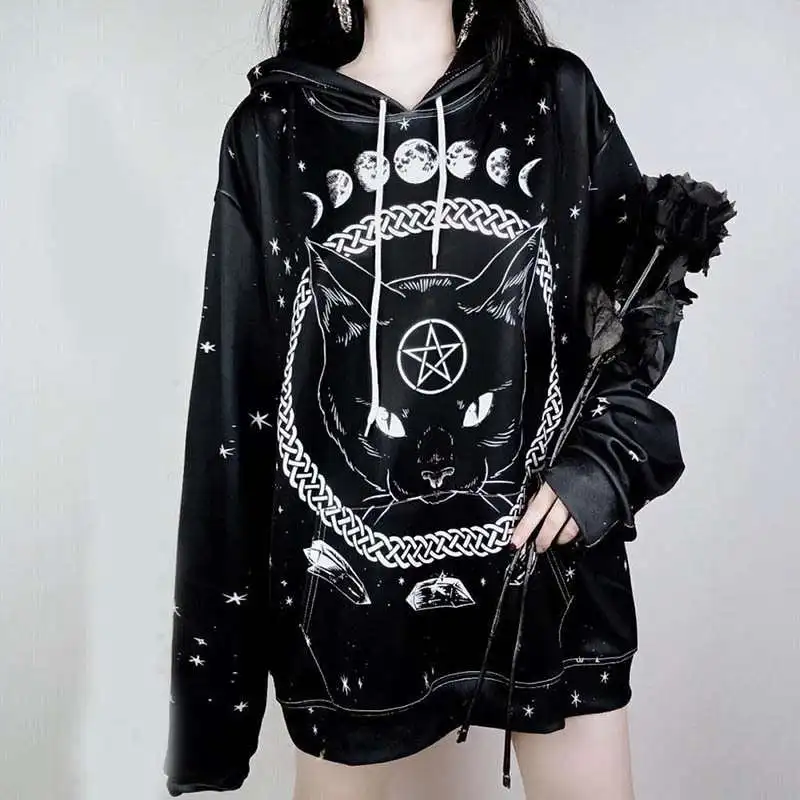Raisevern Harajuku Punk Hoodie Pentagram Print Black Sweatshirts Gothic Streetwear Pullovers Long S