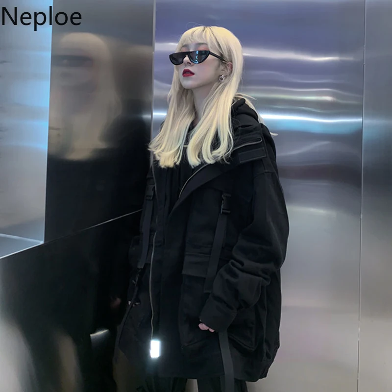 Neploe осень Ins Harajuku стиль оснастки куртка черный дикий большой карман с капюшоном куртка отложным воротником на молнии свободные Jaqueta