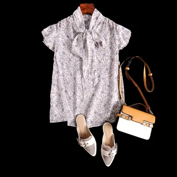 

Women Tops And Bloues Summer 2020 New Printing Straight Lace-up Silk Temperament Elegant Short Woman Blouse