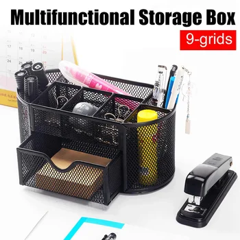 

9 Grids Desk Holder Organizer Metal Black Mesh Style Desktop Office Pencil Pen Storage Home Storage Organization Pencil Case