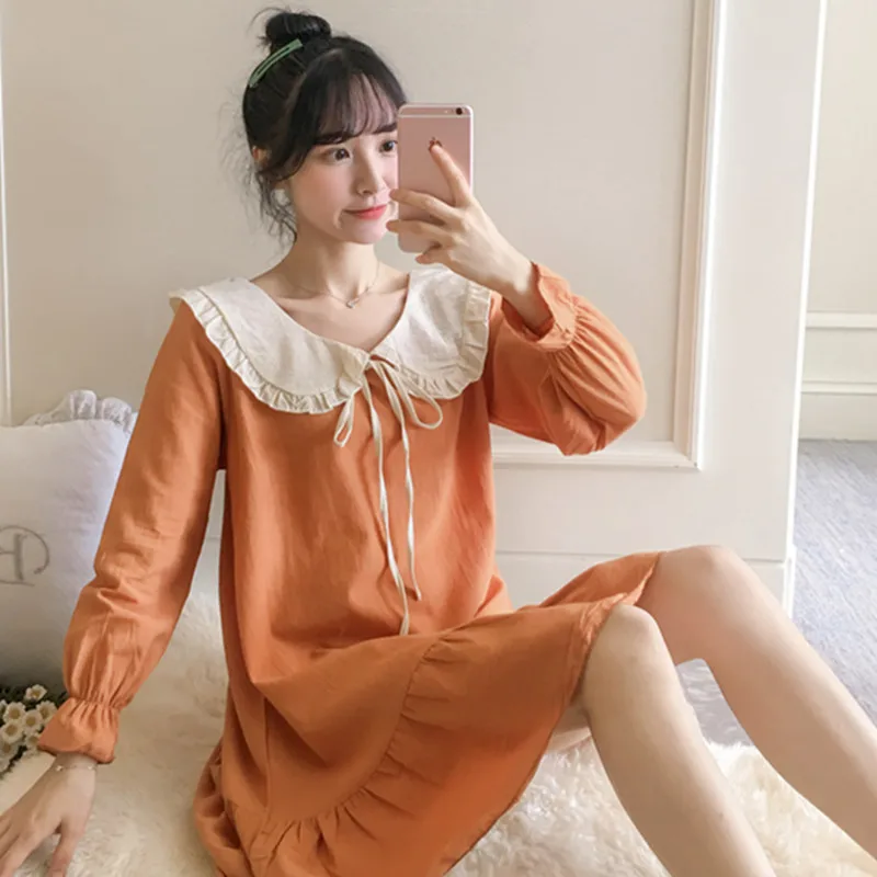 

Nightgown Women's Spring And Autumn Tatting Pure Cotton Long Sleeve Princess Style Lace Pajamas Korean-style Students Sweet Oute