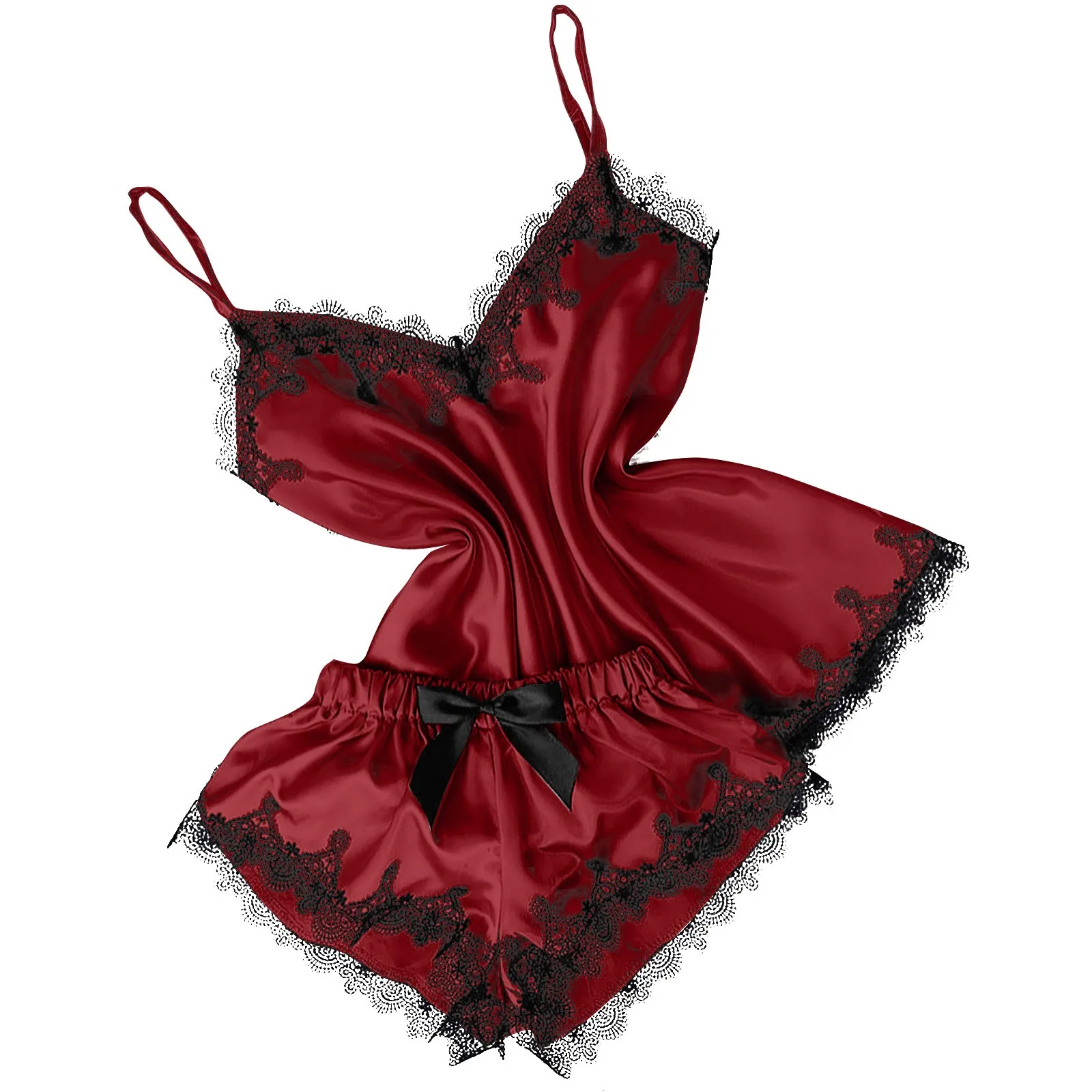 

Spring and summer ladies sexy polyester satin pure color lace beautiful and comfortable skin-friendly pajamas suit V-neck