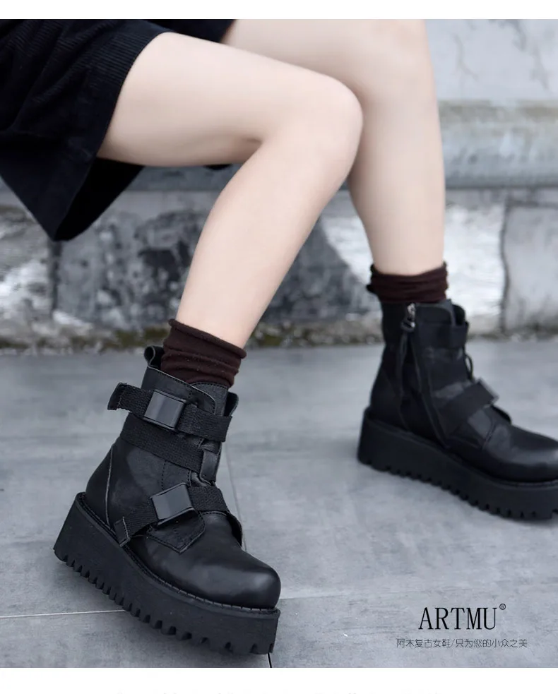 Artmu Original Thick Bottom Ankle Boots Belt Buckle Martin Boots Platform Wedge Heel Women Boots Genuine Leather Handmade Boots