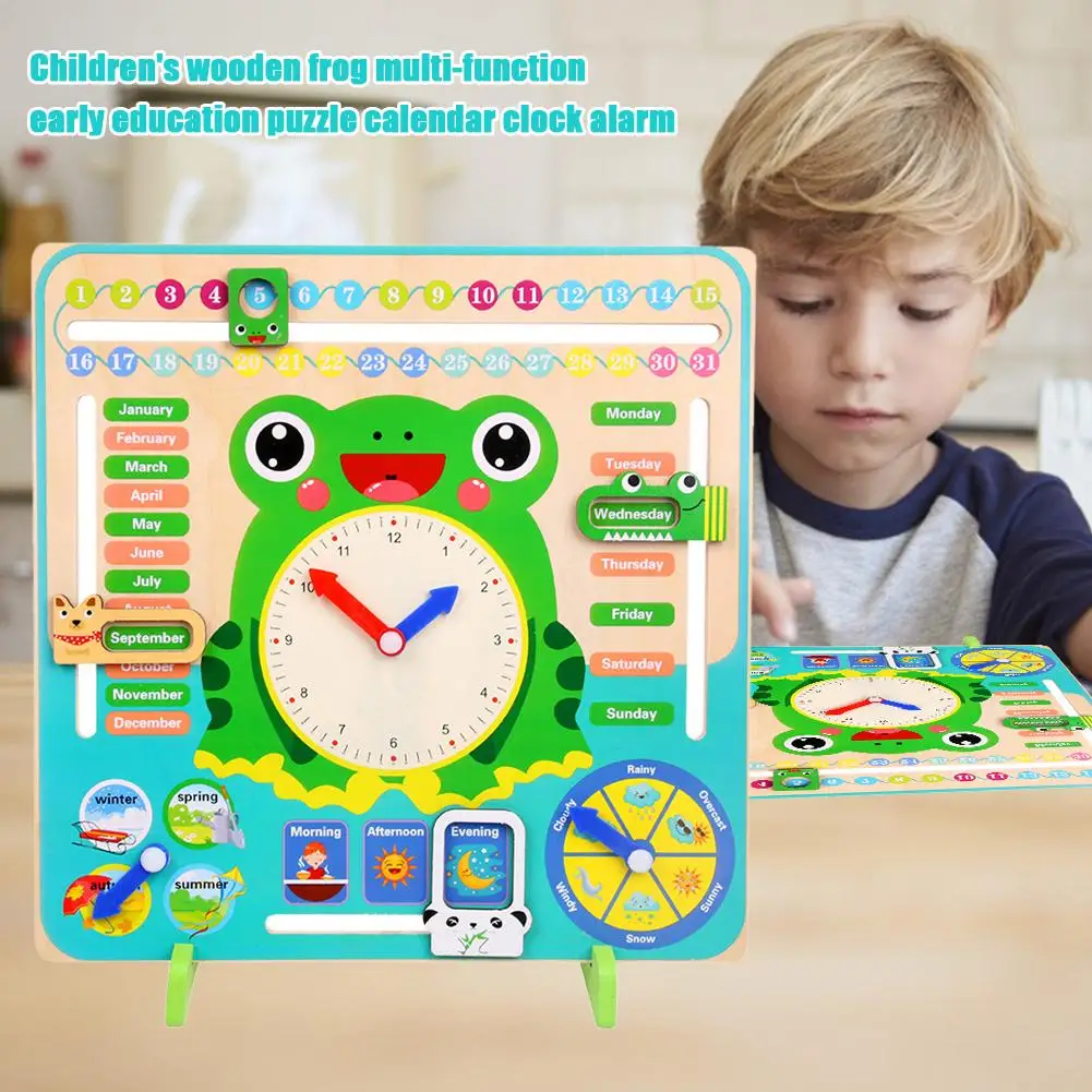 

Wooden Frog Multi-function Early Education Educational Toys Children Calendar Clock Alarm Clock Cognitive Baby Kindergarten Toys