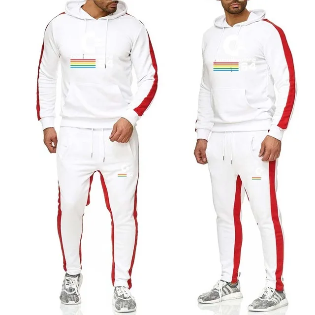 Брендовый спортивный костюм для мужчин, мужской костюм с капюшоном, мужская спортивная одежда для фитнеса, спортивный костюм, мужской спортивный костюм - Цвет: white
