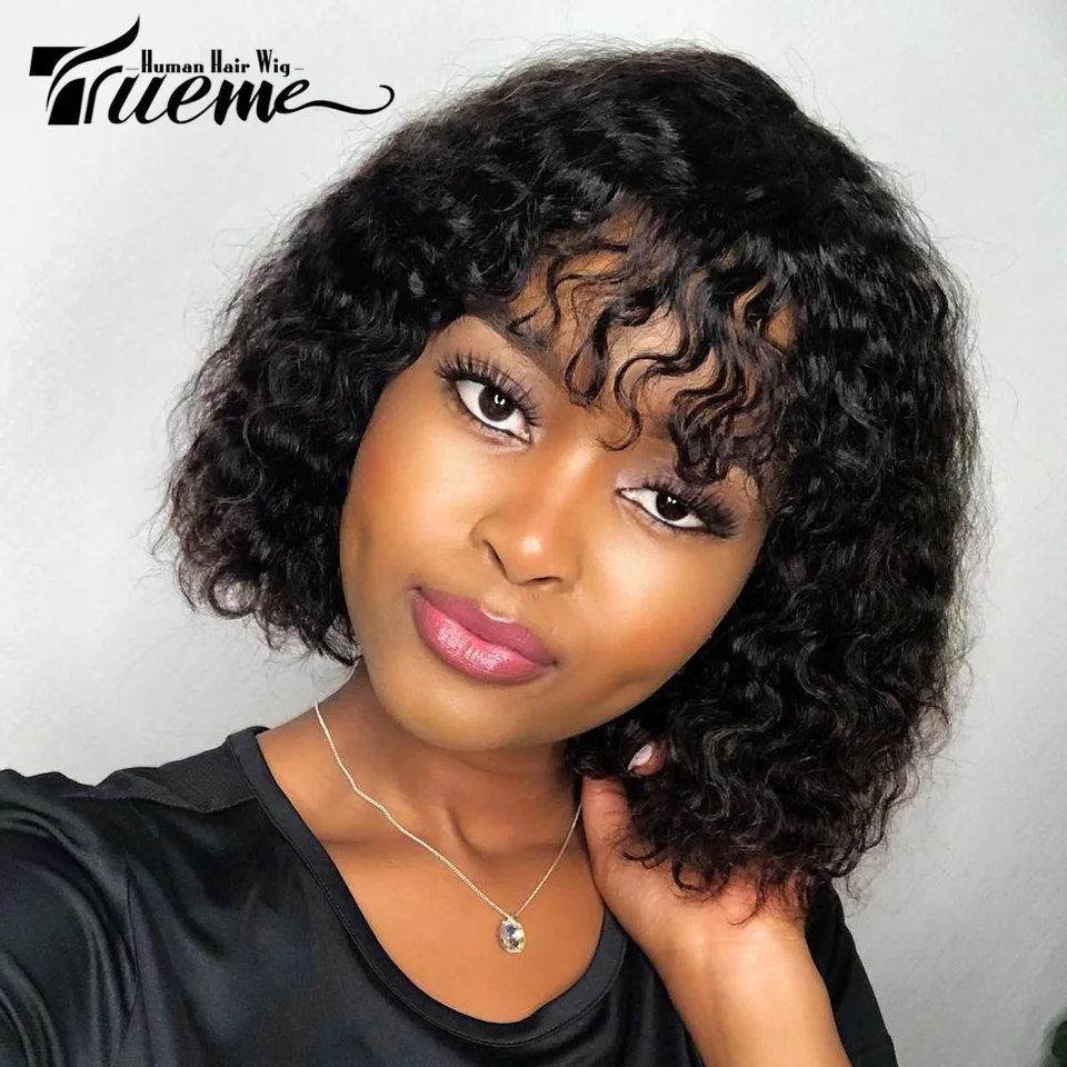 

Trueme Curly Human Hair Bob Wigs With Bangs Short Kinky Curly Bob Wigs For Women Brazilian Ombre Blonde Jerry Curl Full Wig