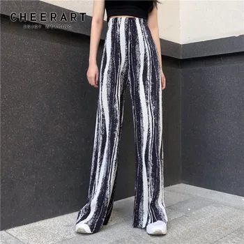 

CHEERART Tie Dye Black Wide Leg Pants Summer Trousers Women Elastic High Waist Loose Ribbed Pants Korean Streetwear Fashion