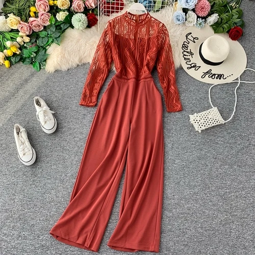 Autumn Fashion Sexy Lace Hollow Stitching Wide-legged High Waist Long Sleeve Jumpsuits Women Solid Color Elegant Overalls J897 - Цвет: orange
