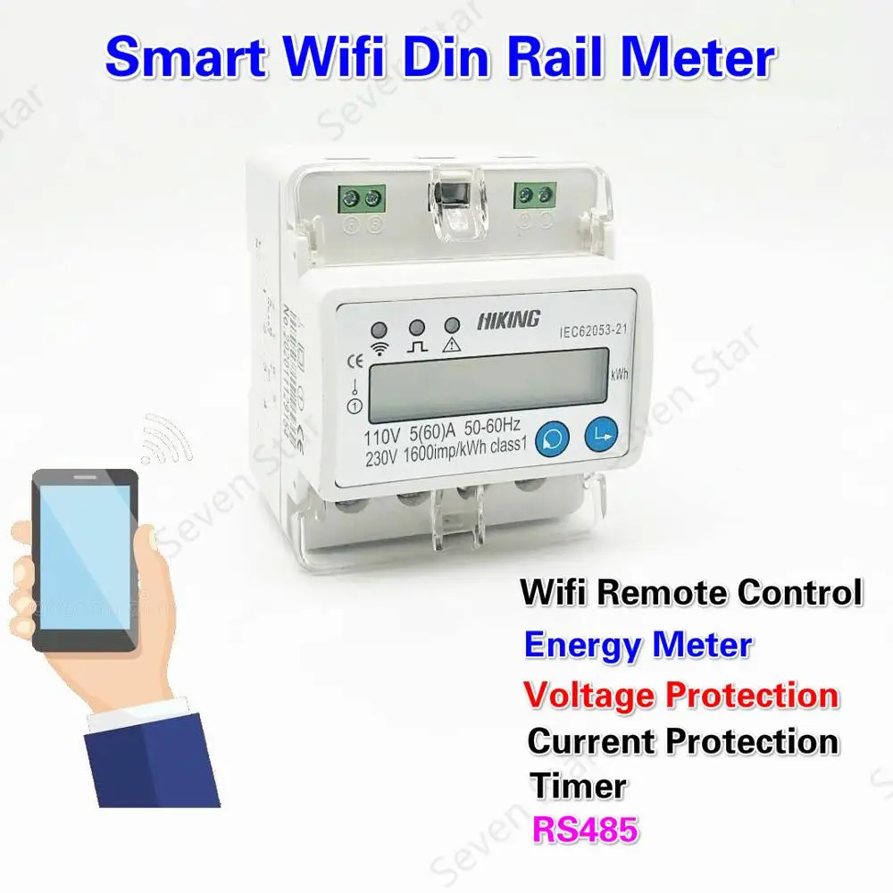 

Single phase Din rail meter5(60)A 110V 230V WIFI kWh smart module kWh 50HZ 60HZ over&under voltage current protection RS485