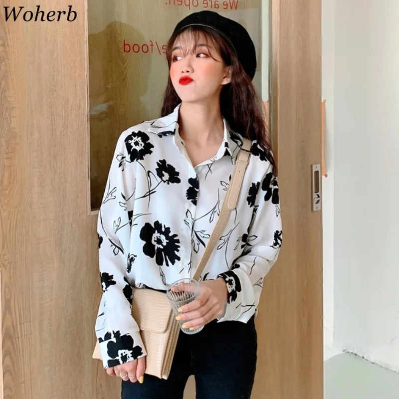 

Woherb Women Long Sleeve Shirts Spring Korean Summer New Chffion Blouses Chic Loose Simple Print Floral Blusas Casual Lady Tops