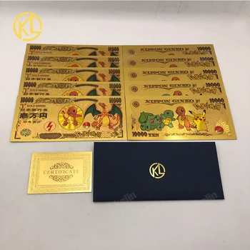 

10pcs/lot Pokemon Anime Charmander Pikachu 10000 Yen Golden Color Banknote Plastic Card for Gift and Collection
