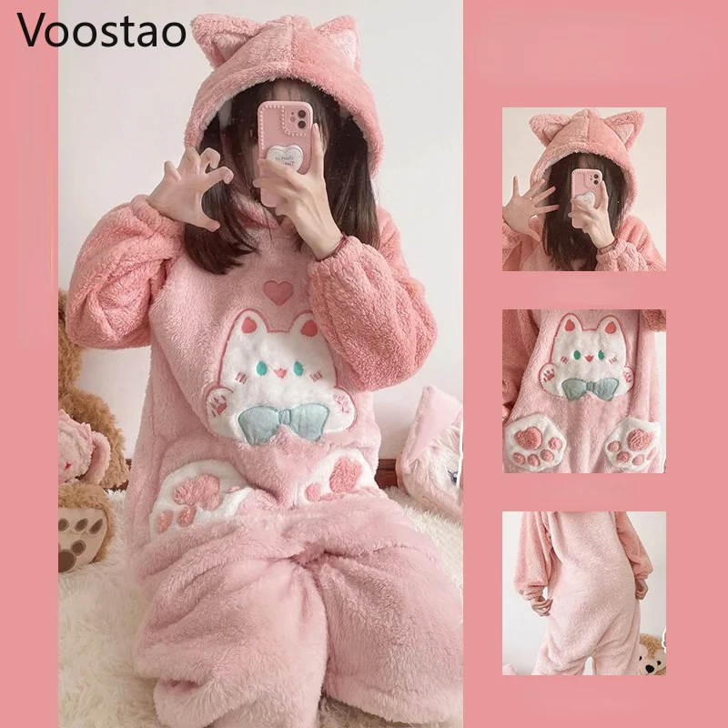 

Autumn Winter Women Cute Onesies Pajamas Coral Fleece Warm Cartoon Cat Ears Hooded Sleepwear Girls Sweet Home Clothes Pyjamas