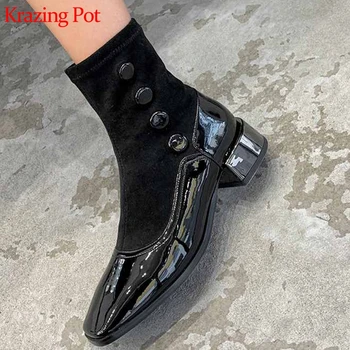 

krazing pot new cow leather flock stretch boots square toe round metal heels button decoration rivets decoration ankle boots l51