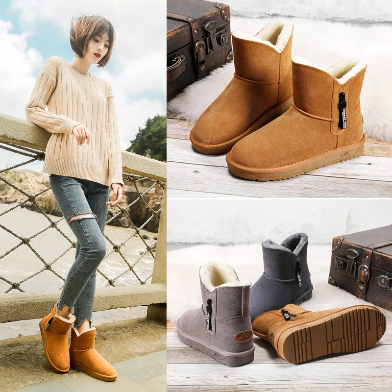 

Boots for Women Autumn Winter Leather Midboot Snow Boots Thickened for Warmth Versatile Side Zipper Cotton Shoes Bread Lady A167