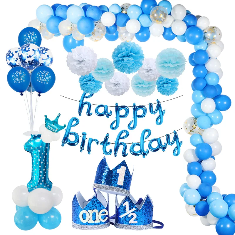 Party Decorations 1 year Boy First Birthday Baby Shower Decorations Blue Latex Balloons Confetti Set