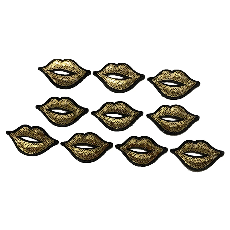 

WUYUCONG New Custom Small Gold Sequined Lips Patches Iron on Embroidery Appliques for Clothes 10 Pieces