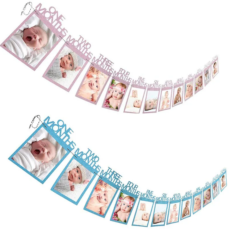 

12 Months Photo Frame Banner 1st Happy Birthday Decorations First Birthday Baby Boy Girl Party One Year Birthday Bunting Decor