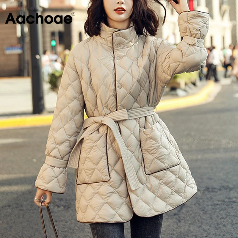 Aachoae Winter Long Down Jacket Women With Belt